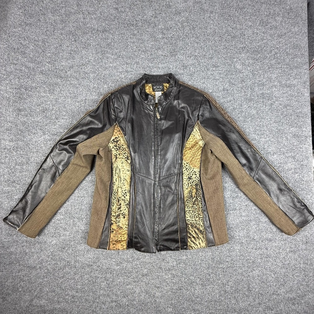 Koos Of Course Jacket Womens Large Brown Leather Tweed Animal Print‎ Zip Front